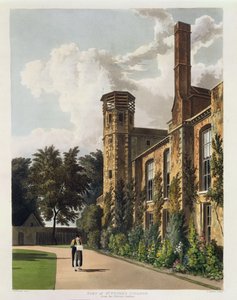 ジョセフコンスタンティンスタッドラー（fl.1780-1812）によって刻まれた「ケンブリッジの歴史」からのケンブリッジのプライベートガーデンにあるセントピーターズカレッジ（ピーターハウス）の一部。 R.アッカーマン、1815年（色 作： William Westall